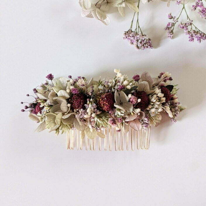 Peigne à cheveux fleuri pour coiffure de mariage en fleurs séchées & fleurs stabilisées, Safari