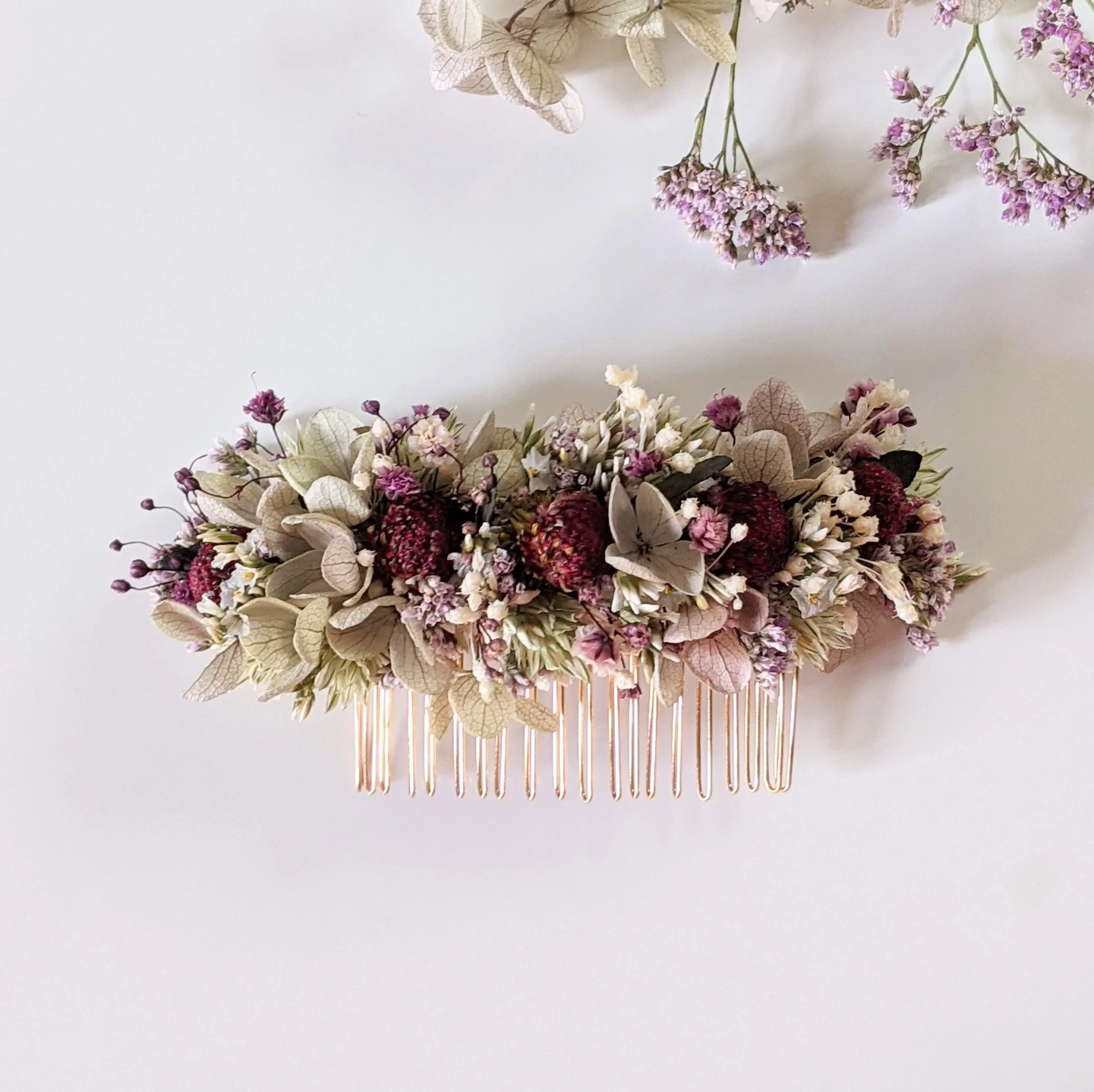 Peigne à cheveux fleuri pour coiffure de mariage en fleurs séchées & fleurs stabilisées, Safari