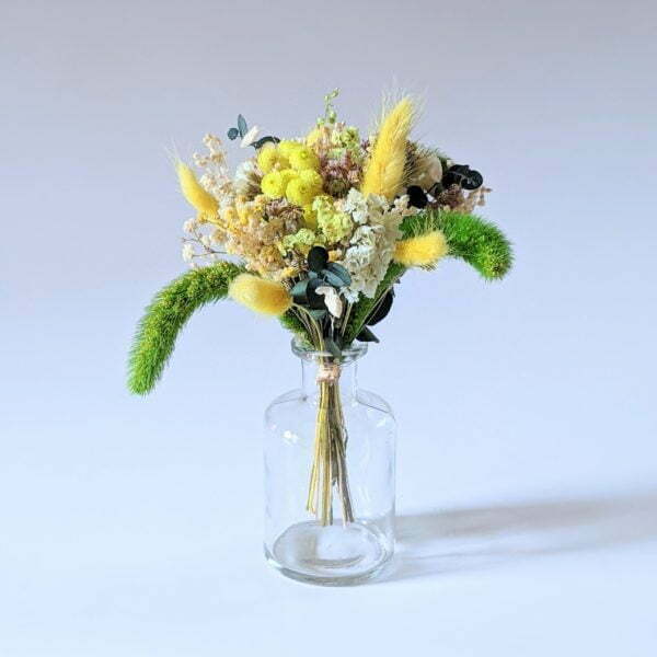 Petit bouquet de fleurs séchées aux couleurs peps dans son vase en verre transparent, Limone 5
