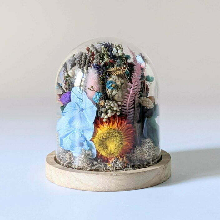 Cloche en verre avec fleurs stabilisées bleutées pour décoration d’intérieur, Pandora