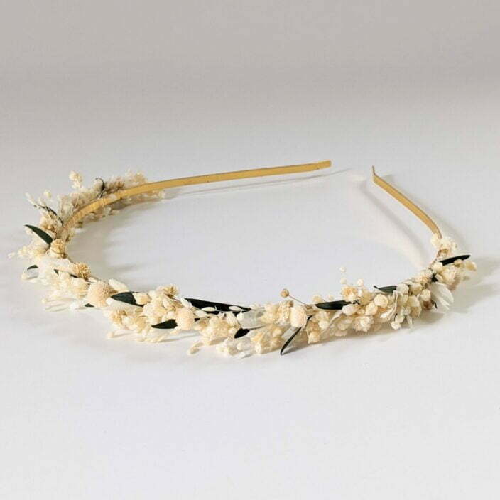Serre-tête artisanal doré orné de fleurs stabilisées, Virginie 3