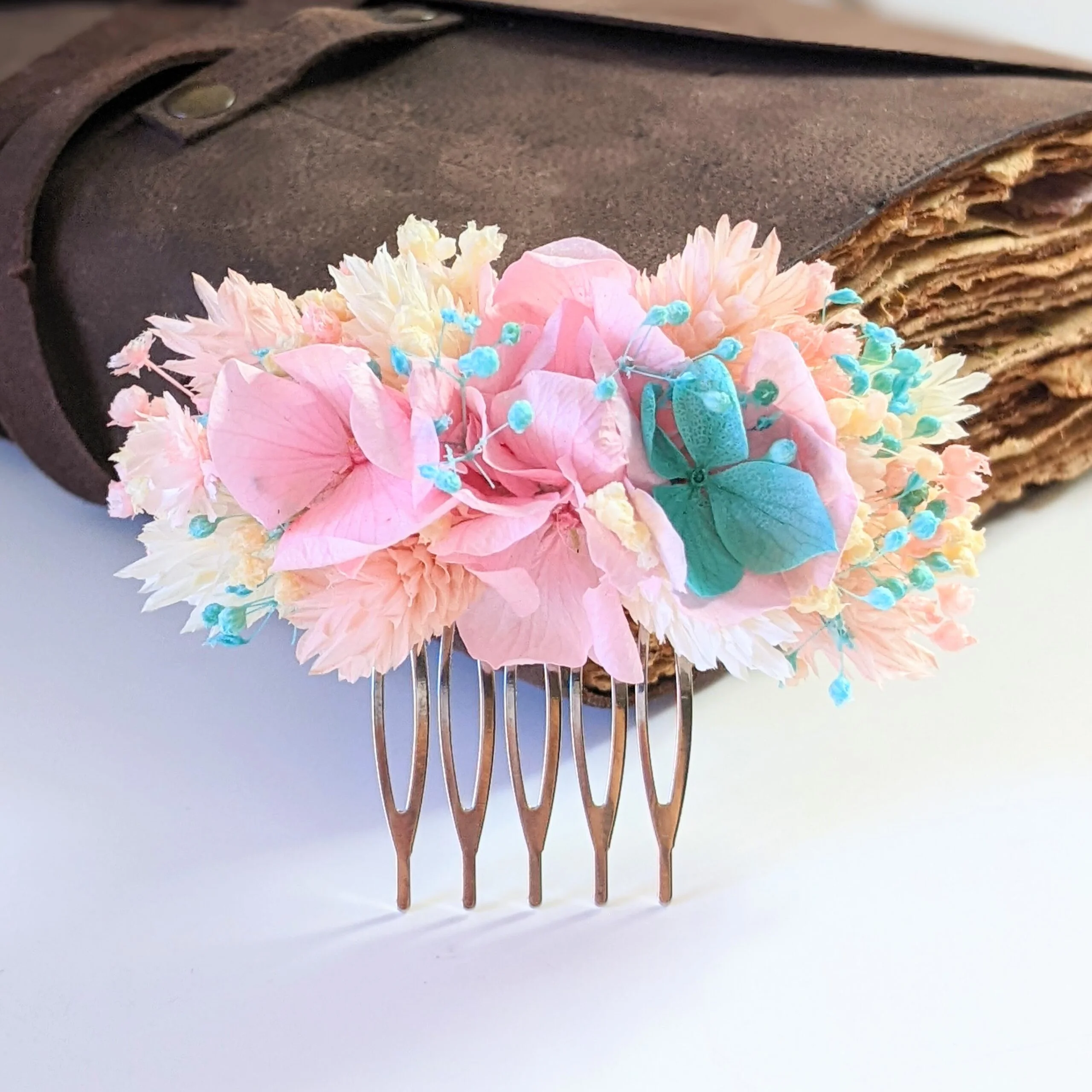 Peigne à cheveux fleuri pour coiffure de mariage en fleurs séchées roses, Candy