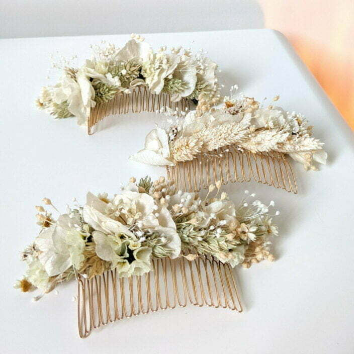 Peigne à cheveux fleuri pour coiffure de mariage en fleurs séchées & fleurs stabilisées, Luna