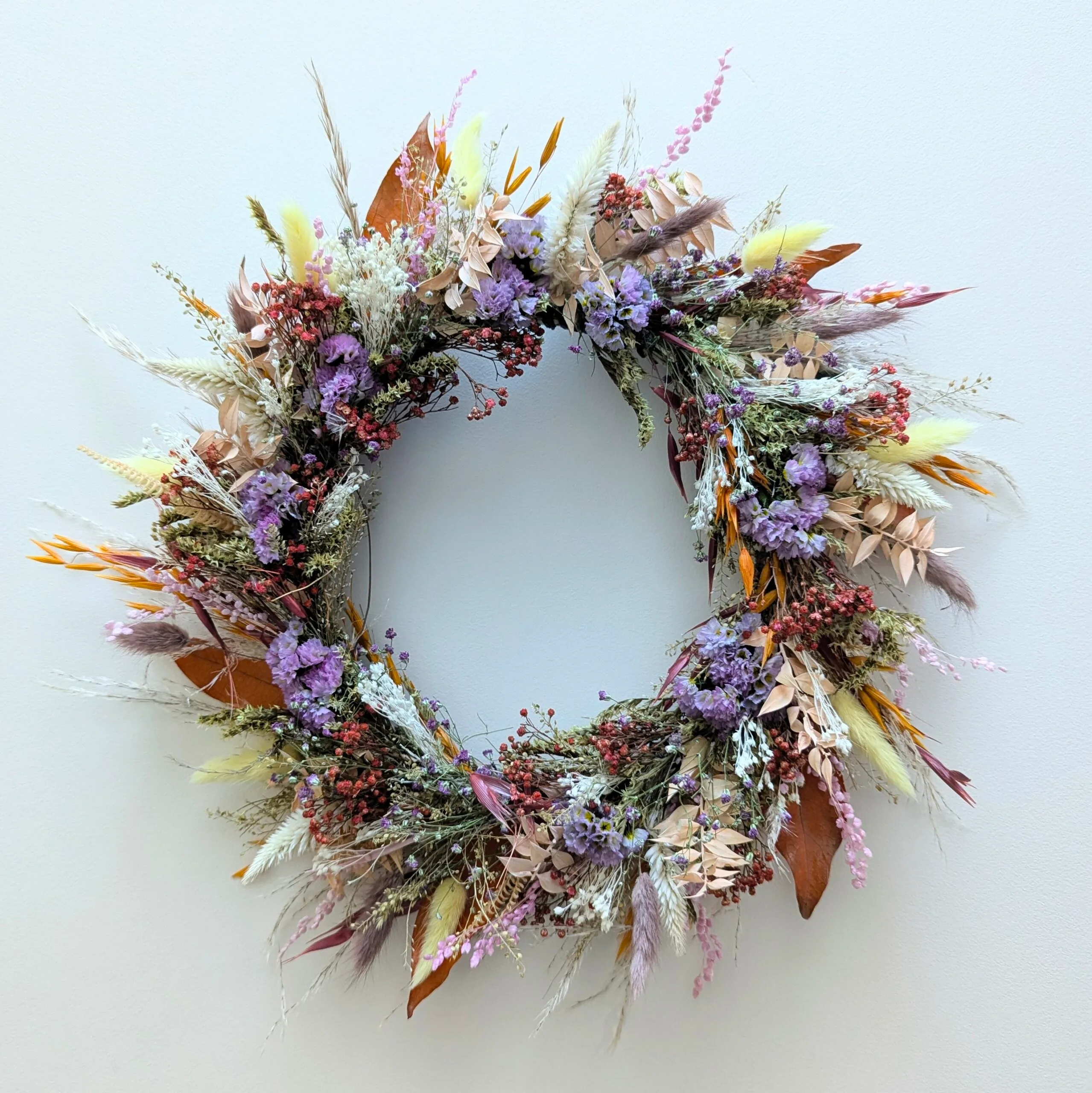 Couronne murale de fleurs naturelles séchées aux couleurs automnales, Ginger