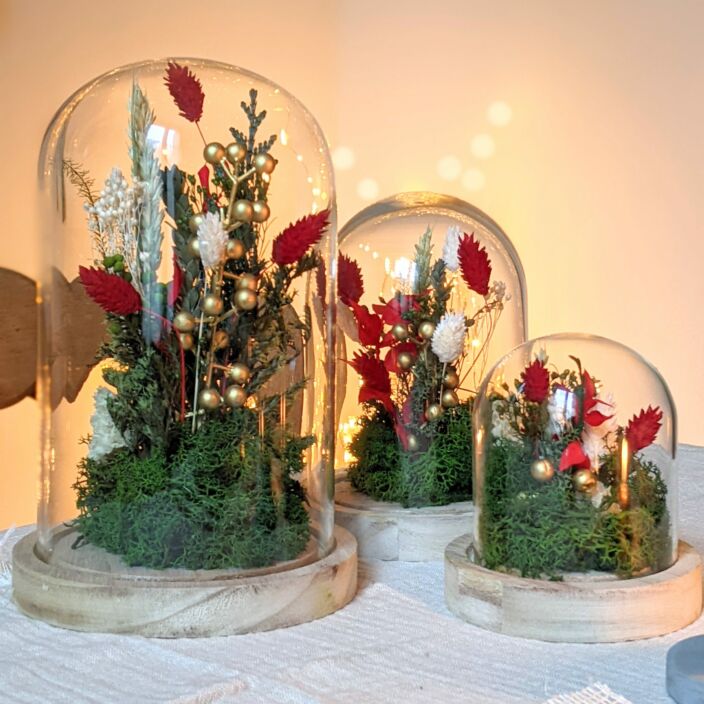Cloche en verre avec fleurs stabilisées aux couleurs de Noël, Jingle Bell