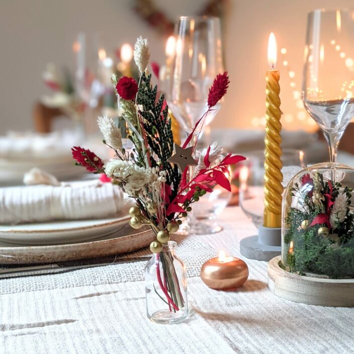 Mini bouquet de fleurs stabilisées pour décoration de table aux couleurs de Noël, Jingle Bell