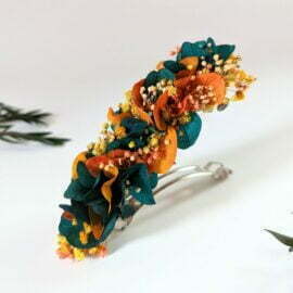 Barrette à cheveux fleurie pour coiffure de mariage en fleurs stabilisées oranges et bleues, Nila