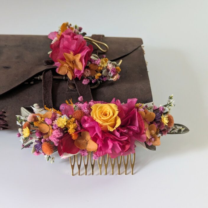 Peigne à cheveux fleuri pour coiffure de mariage en fleurs stabilisées, Diane – Image 4